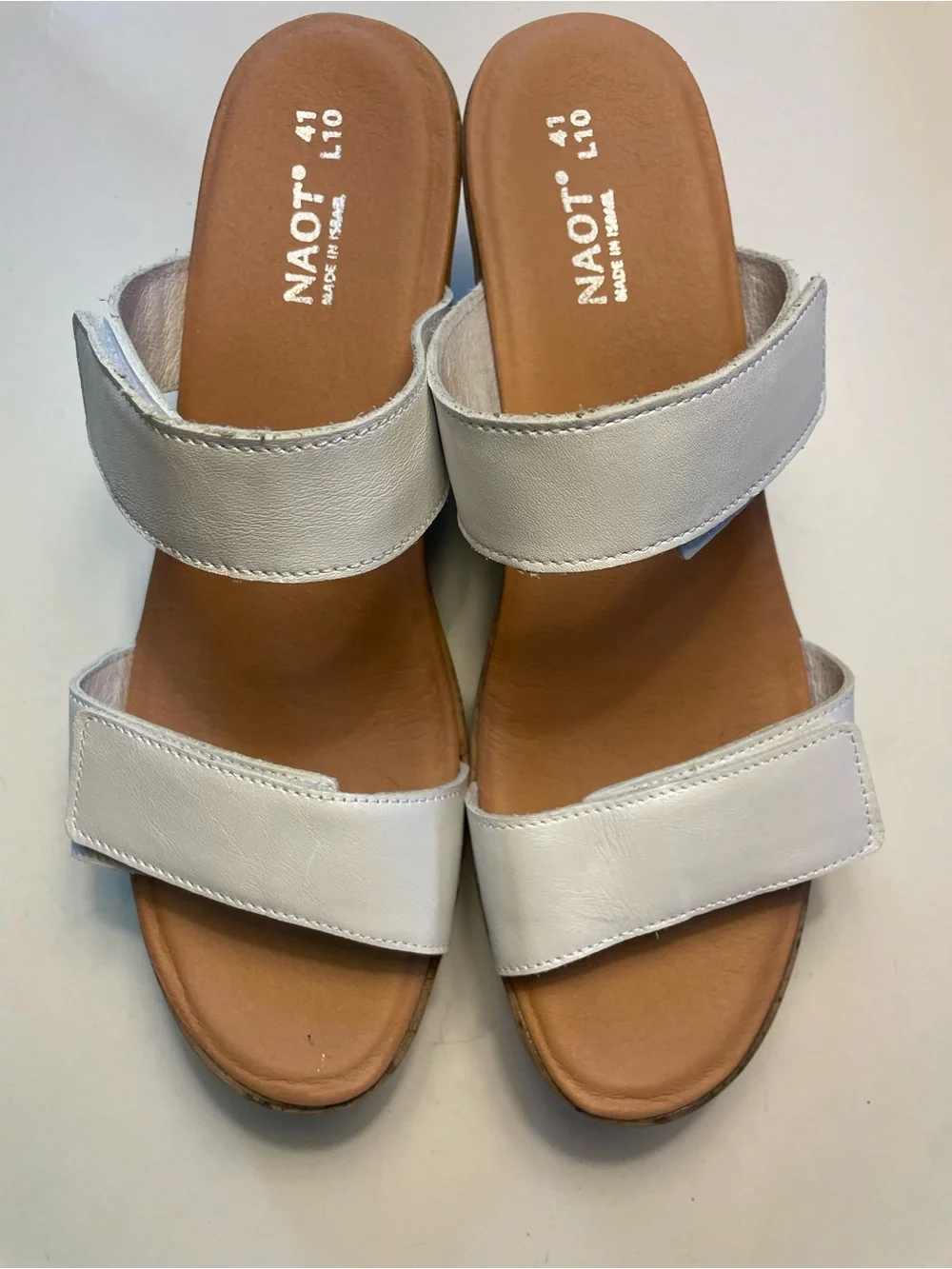 Naot White Leather Cork Wedge Sandals with Velcro Straps